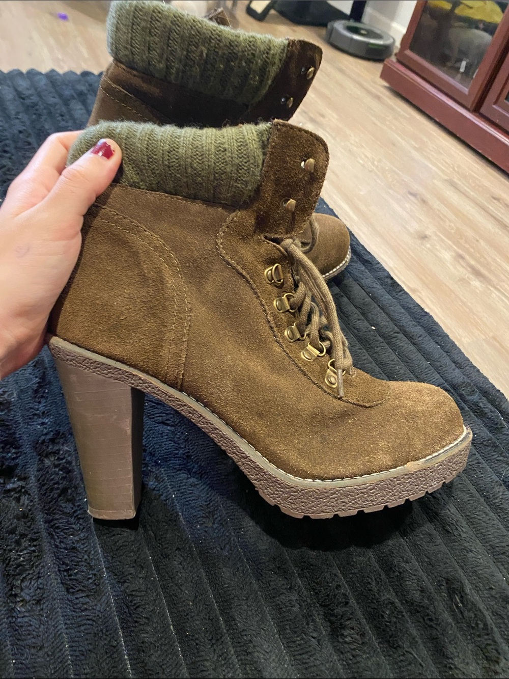 envy Brown Suede Lace-Up Heeled Ankle Boots with Olive Knit Cuff